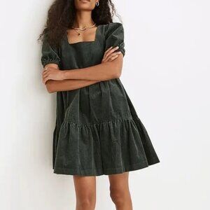 Madewell Corduroy Aidy Square-Neck Tiered Mini Dress Forest Green 4